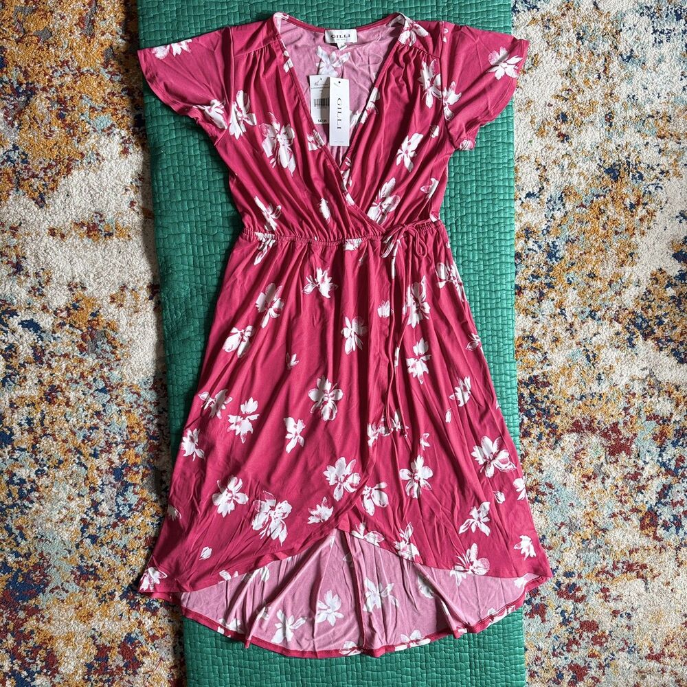 NEW NWT GILLI Faux Wrap Dress S Pink White Tropical Floral V-Neck Babydoll Trend
